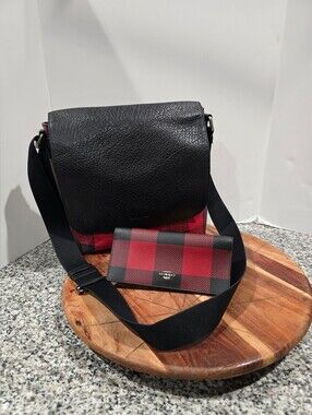 COACH Charles Red Plaid Canvas Black Leather Flap Messenger Mens Bag & Wallet